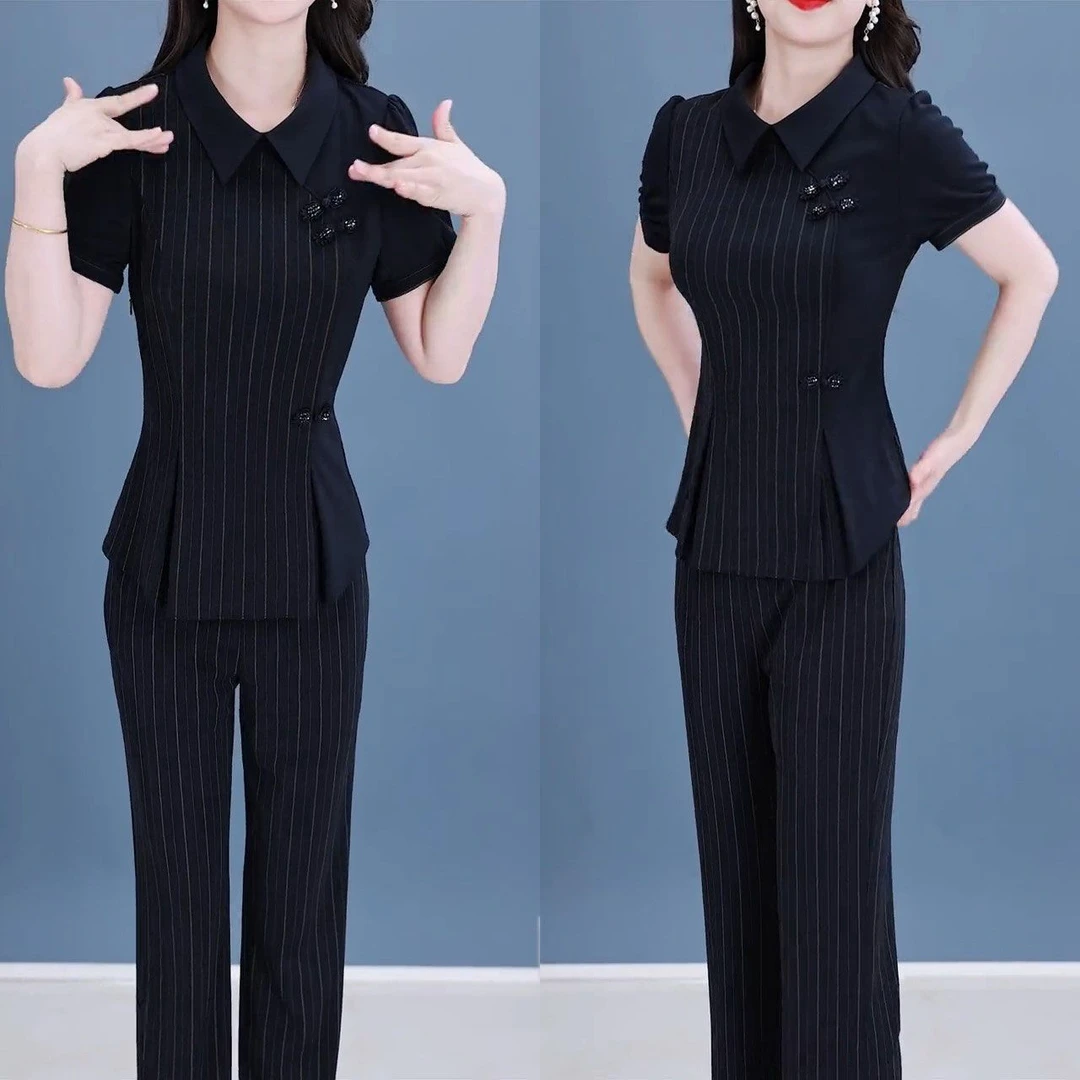 2025夏季新款气质显瘦国风盘扣条纹短袖上衣微喇叭裤子两件套装女