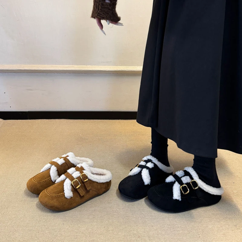 复古皮带扣圆头一脚蹬毛毛拖鞋2025秋冬新款低跟半包毛绒博肯鞋女