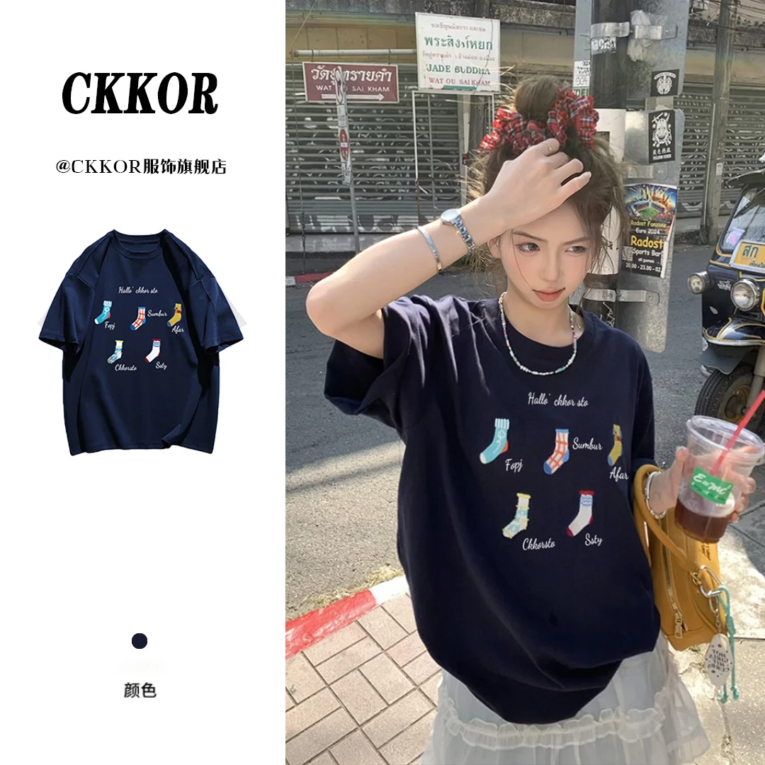 CKKOR新款美式复古风短袖t恤女夏季时尚百搭显瘦休闲纯棉半袖上衣