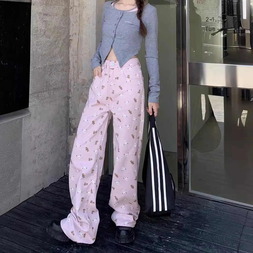 蓝色韩版粉色小熊印花牛仔裤女春秋甜辣妹显瘦直筒阔腿休闲长裤子