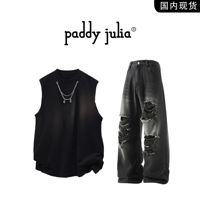 Paddy julia项链背心套装夏季男款美式高街潮牌破洞牛仔裤两件套