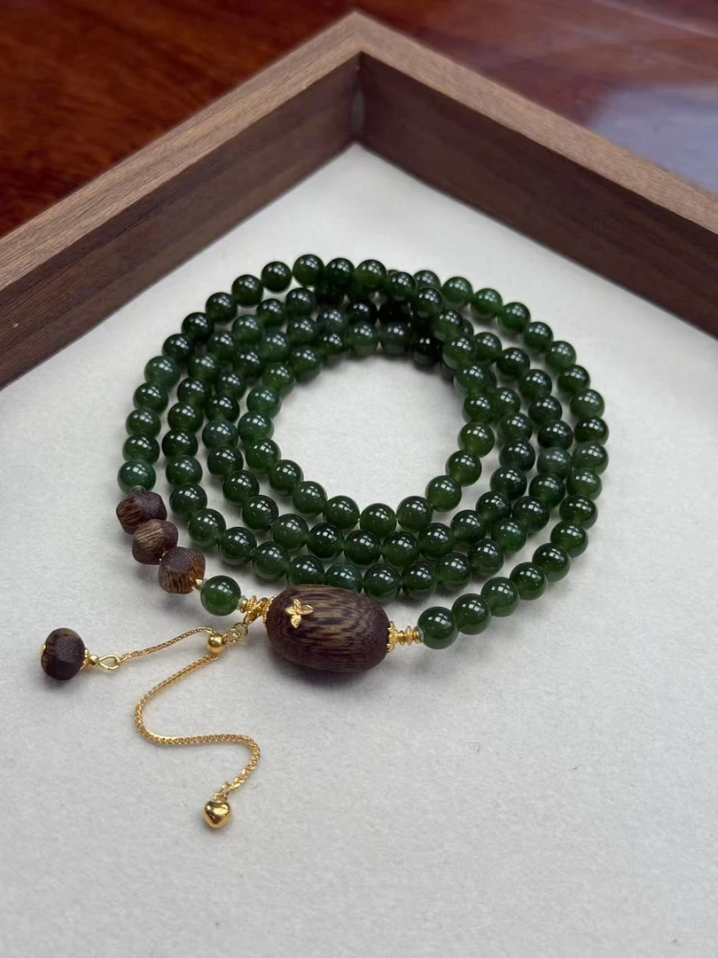 天然和田玉6mm圆珠顶珠18*12mm三圈手串