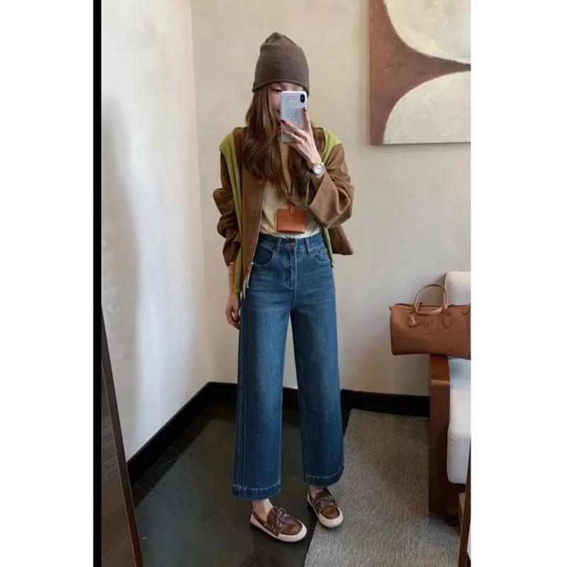 深蓝色百搭直筒牛仔裤女秋冬厚绒保暖大码胖mm腿粗显瘦窄版阔腿裤