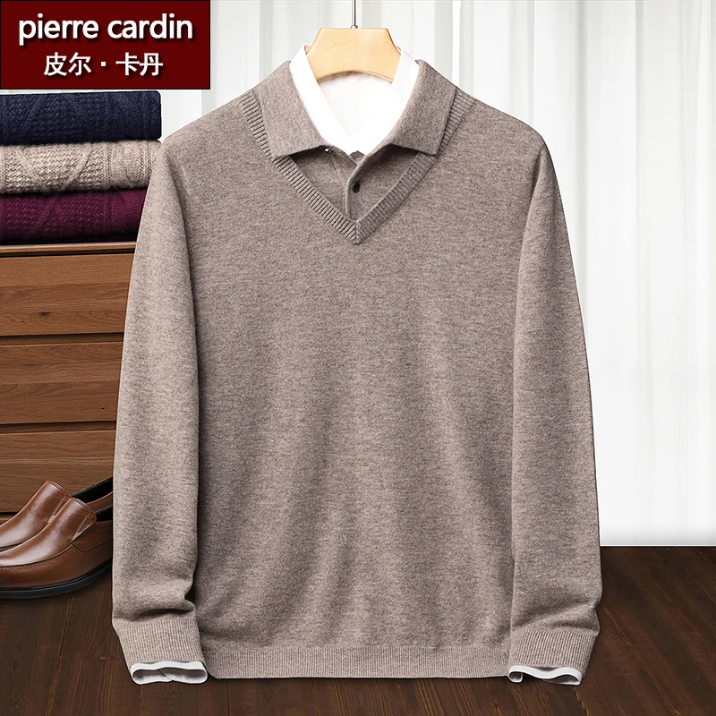 皮尔卡丹【纯羊毛】秋季男士高档羊毛衫假两件时尚休闲中老年爸爸装