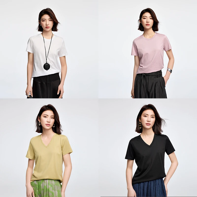 NATCH/南枳【氧气T】天丝棉圆领短袖T恤女2025新款夏正肩V领上衣