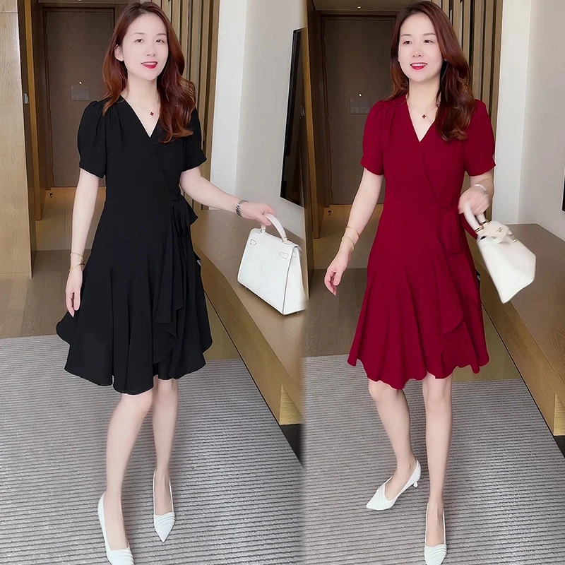 连衣裙3035 时尚修身显瘦女韩版裙气质V领小个子夏季收腰中长裙
