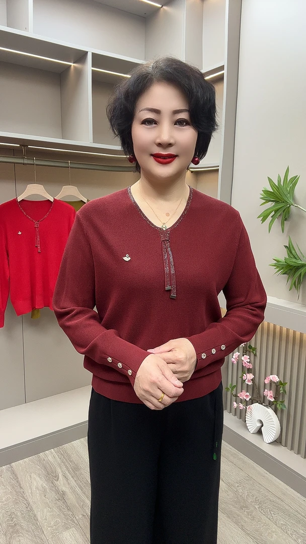 SZ#587秋冬时尚洋气V领套头针织衫，衣长60