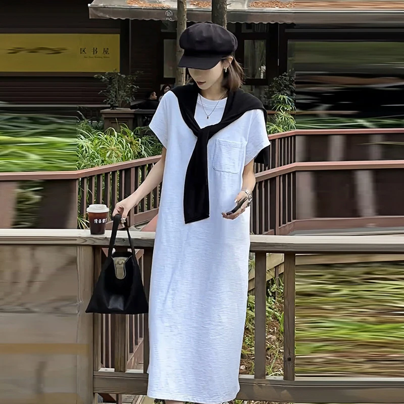 夏季新款长款连衣裙百搭显瘦收腰风时尚气质休闲宽松短袖裙子女