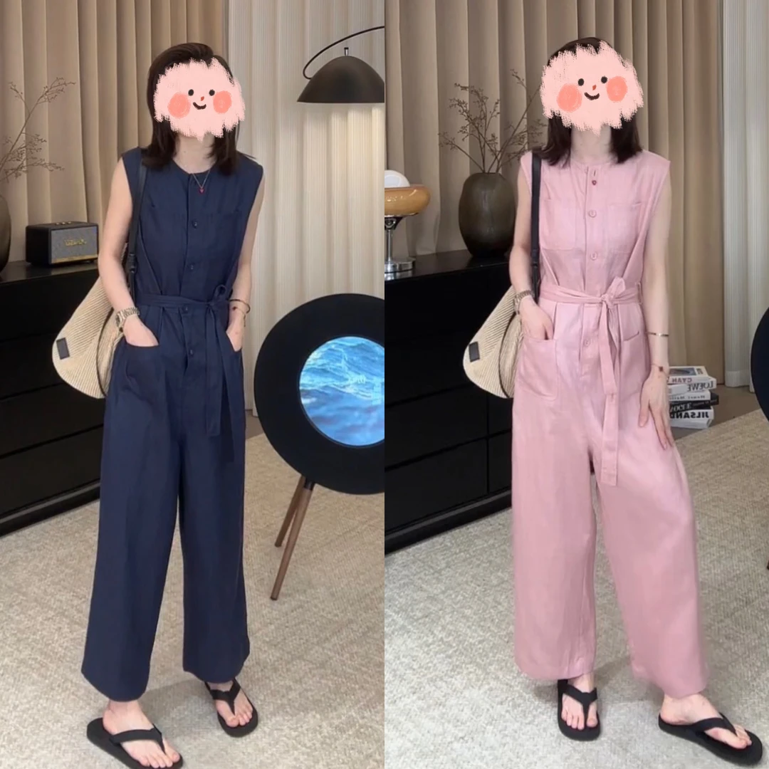 夏装新款亚麻腰带无袖宽松显瘦连体裤