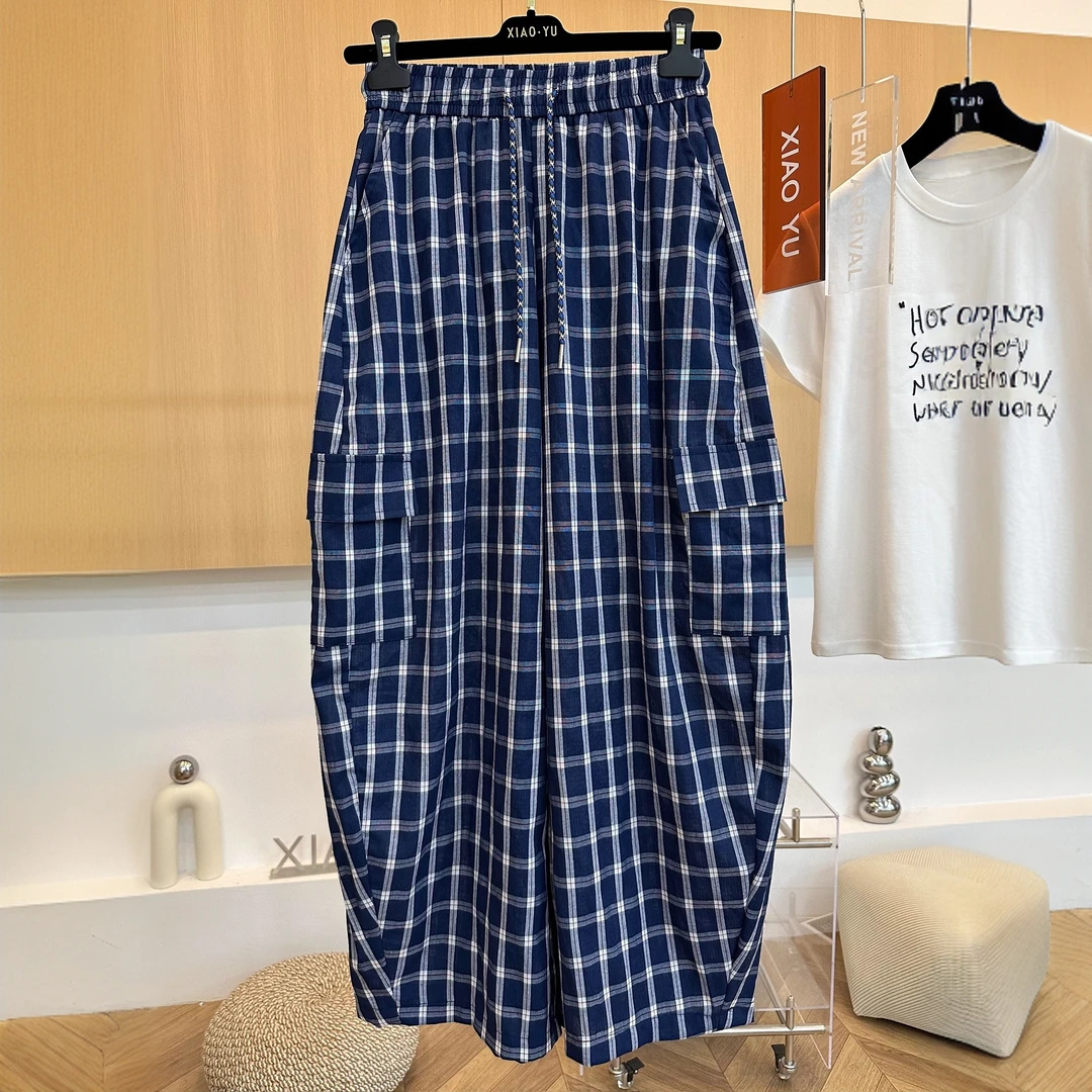 高端欧货夏季款高级感时尚宽松大口袋抽绳松紧格子弯刀阔腿裤女薄