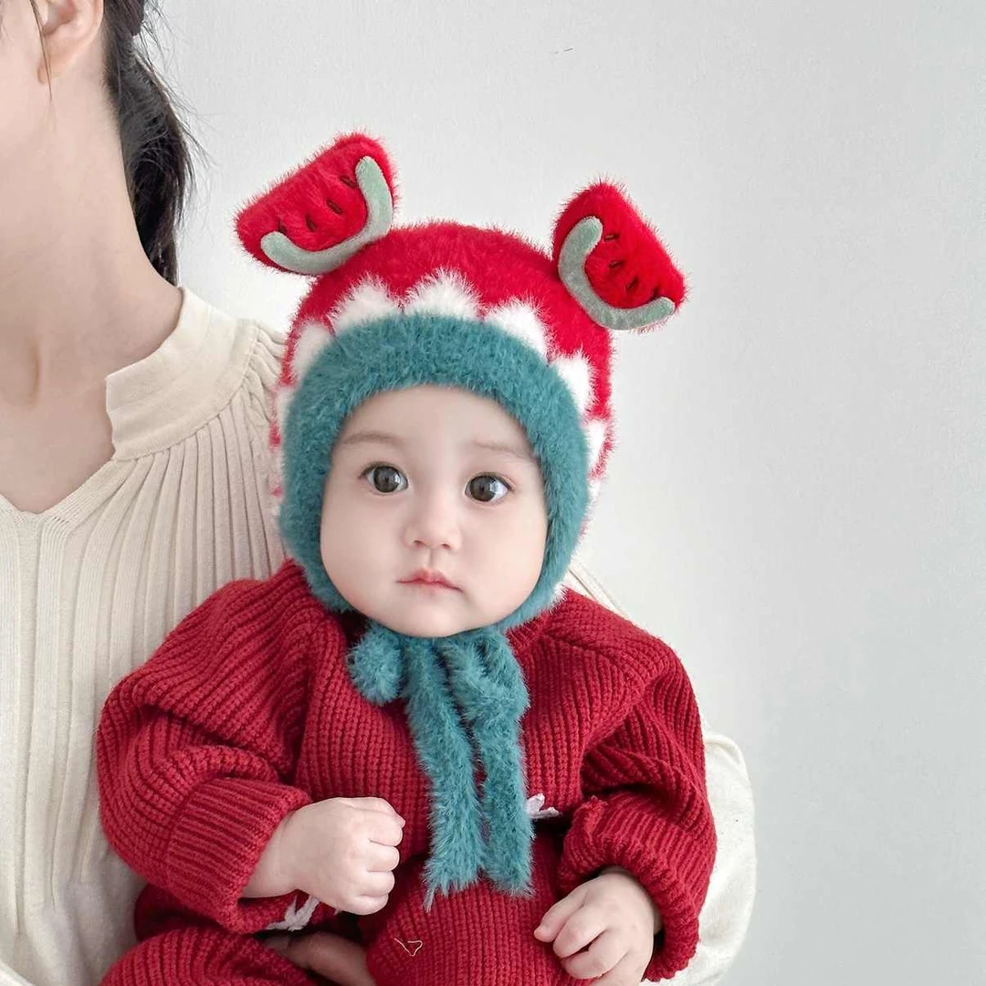 婴儿帽子冬季可爱洋气儿童水果造型护耳帽男女宝宝加厚保暖毛绒帽