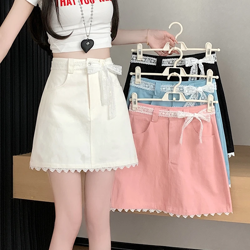 2025春夏新款洋气百搭清新甜美A字包臀短裙蕾丝拼接系带半身裙女