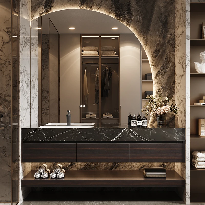 设计师定制浴室柜组合酒店轻奢风洗脸盆柜岩板无缝陶瓷盆洗漱台盆