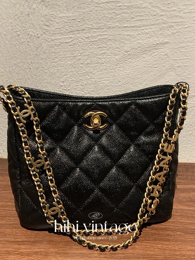 99新 Chanel/香奈儿 黑金荔枝纹字母皮穿链嬉皮hobo包/