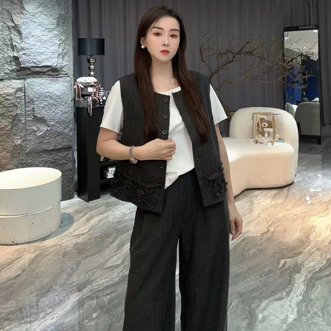 5801早秋法式时尚套装休闲马夹新中式国风提花两件套套装