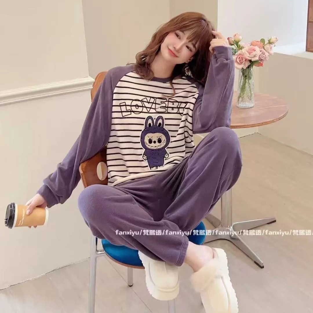 秋冬季超柔双面绒奥粒绒条纹睡衣套装女卡通减龄休闲居家服R679
