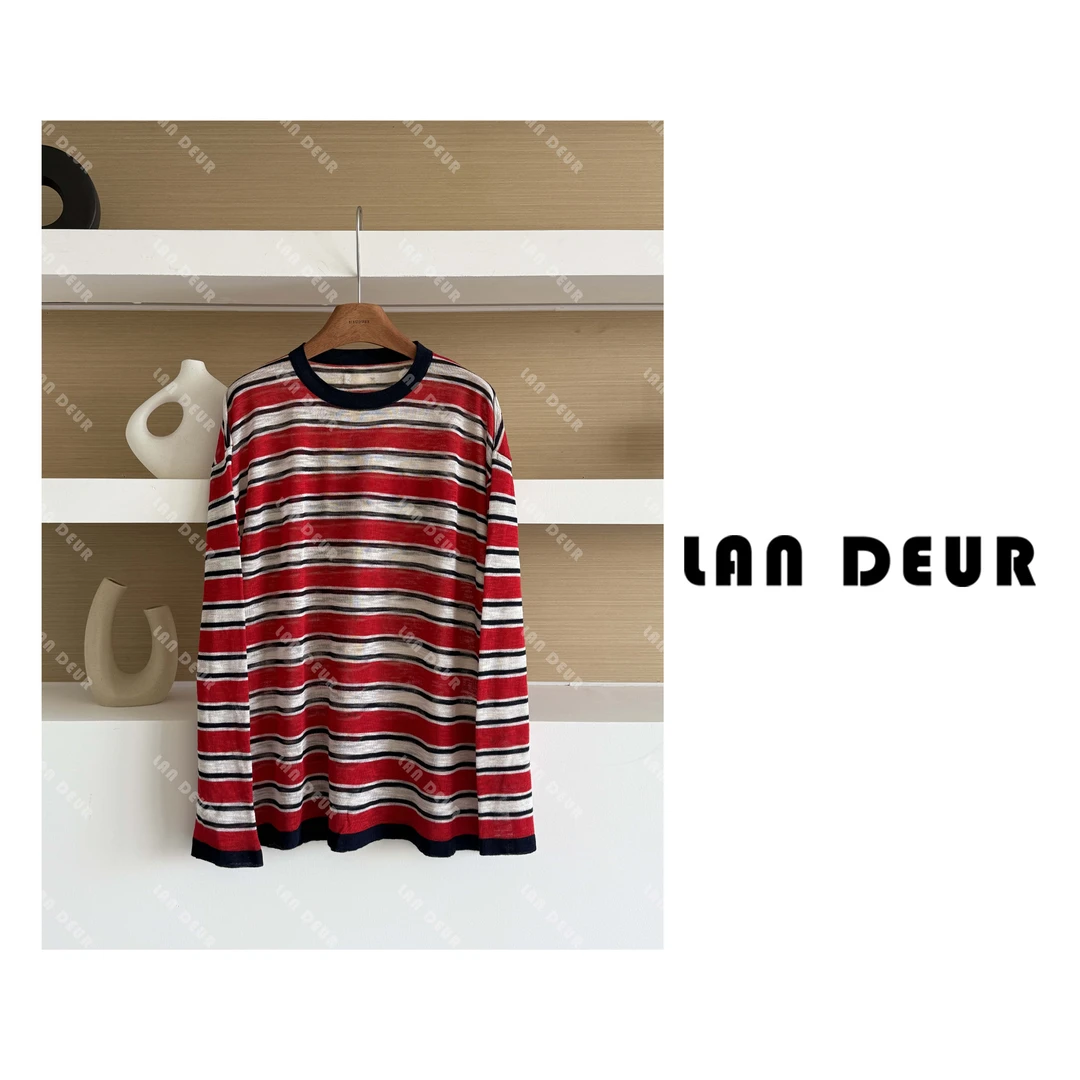 JIUJIU【青白写意】条纹针织百搭套头宽松中长款透气薄款针织衫