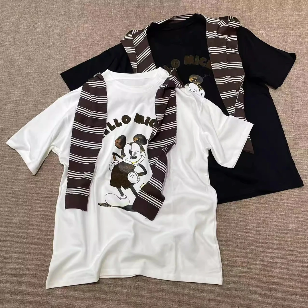 【叉腰米奇】秋季新款韩版宽松卡通米奇印花短袖T恤上衣(带披肩)