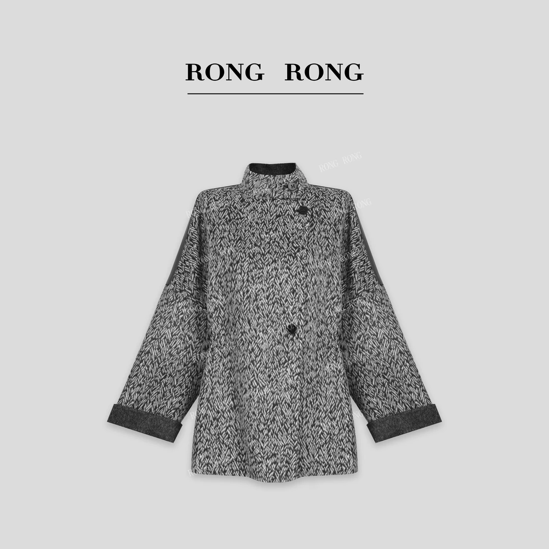 溶溶【优雅风姿】RONGRONG 骆驼绒绵羊毛混纺人字纹廓形呢大衣9716