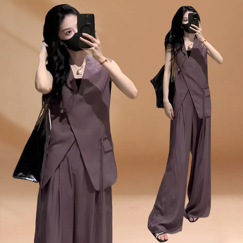 夏装搭配一整套高级感时尚套装女无袖西装马甲上衣阔腿裤子两件套