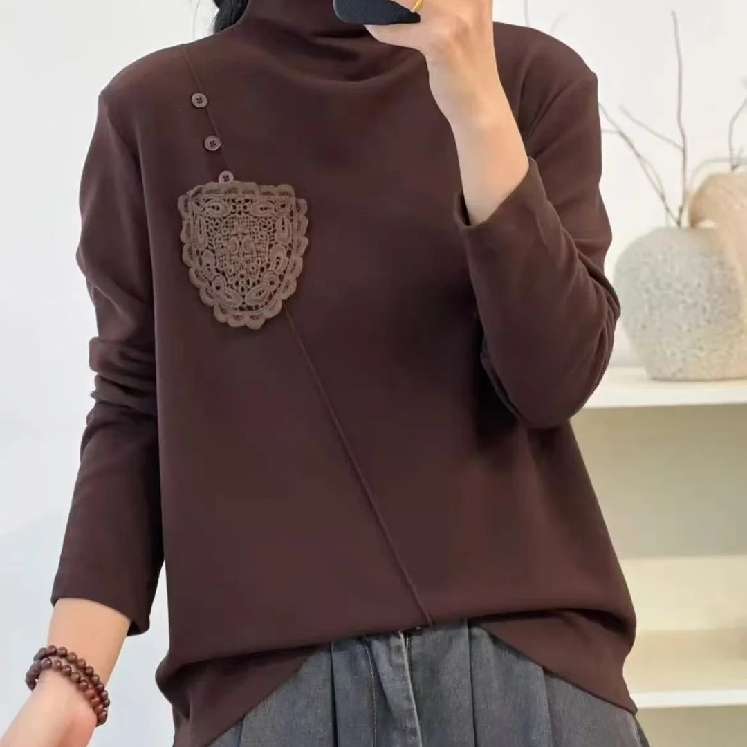 秋冬新款双面德绒打底衫蕾丝口袋3粒扣双面绒加厚保暖