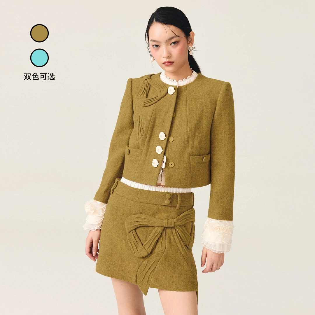 lefame拉飞姆2025冬季新款时尚手工蝴蝶结毛呢短外套