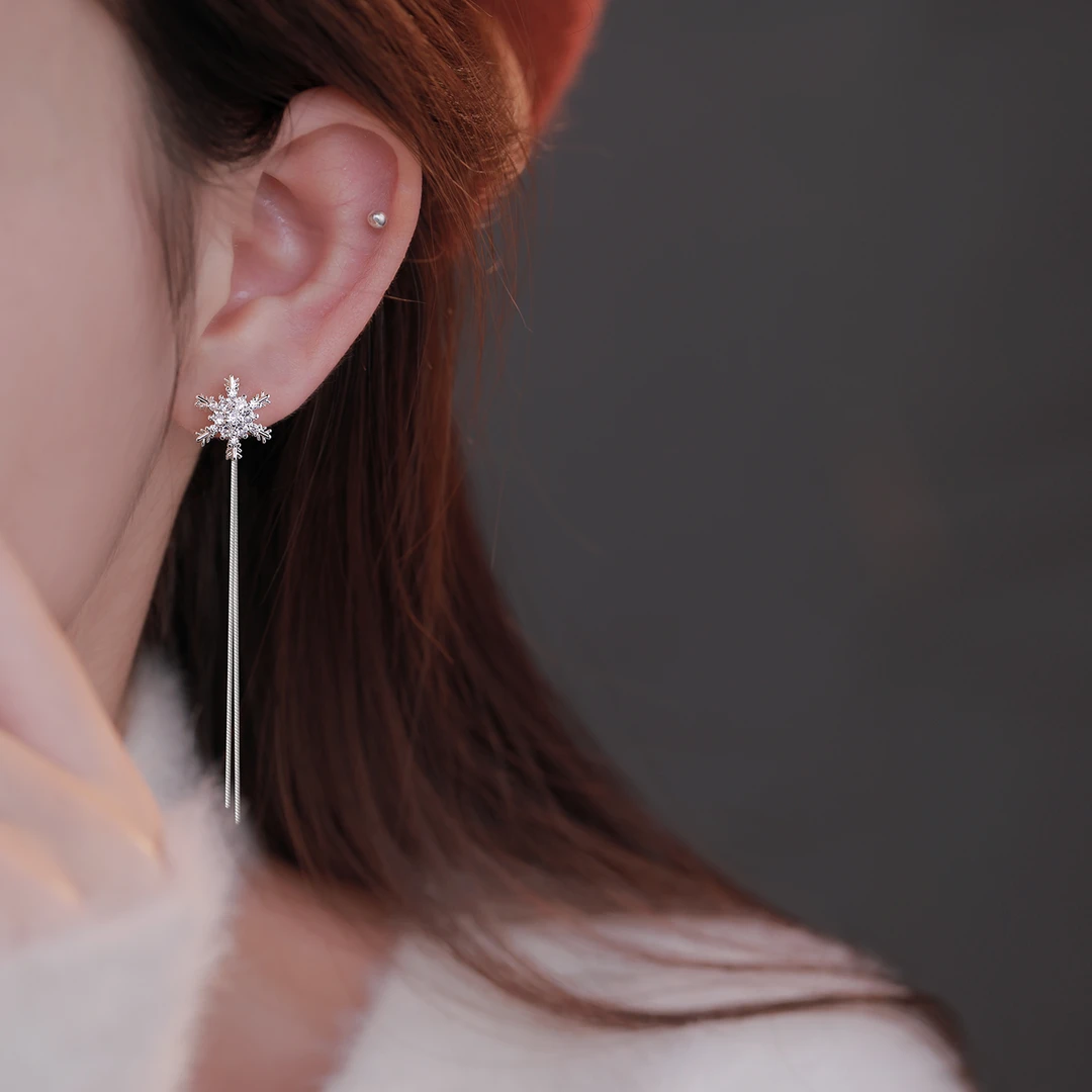 铜合金耳饰 925银针流苏雪花耳环长款气质耳线设计感百搭轻奢耳饰