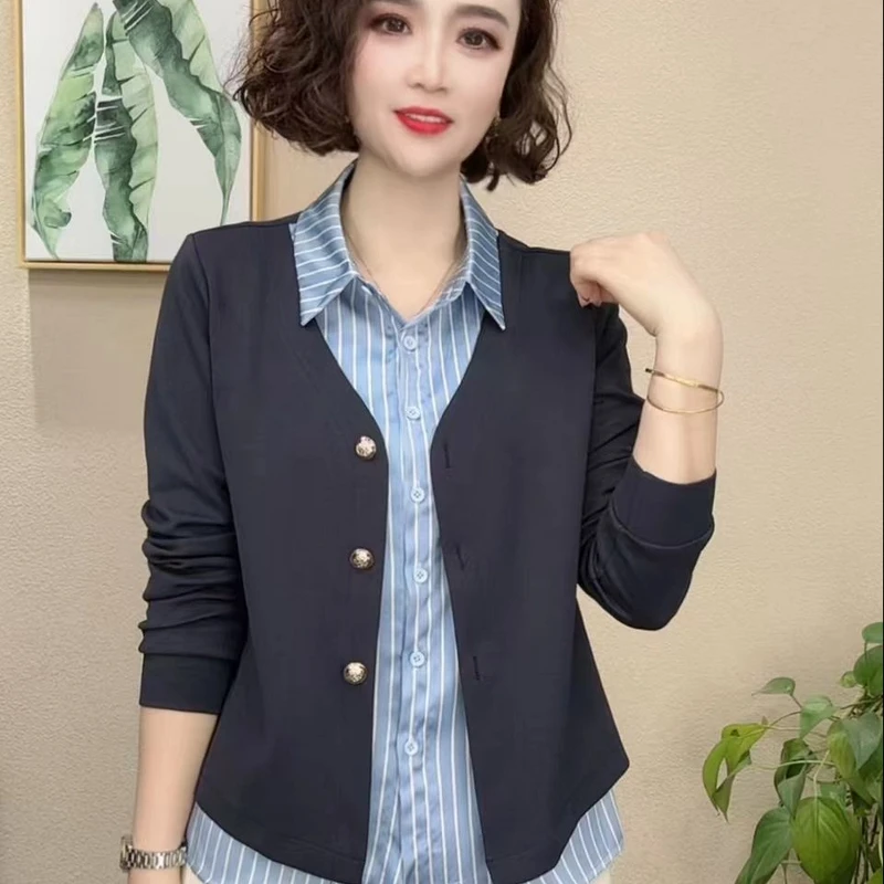 2025春秋新款时尚显瘦气质百搭洋气衬衫领假两件长袖#667