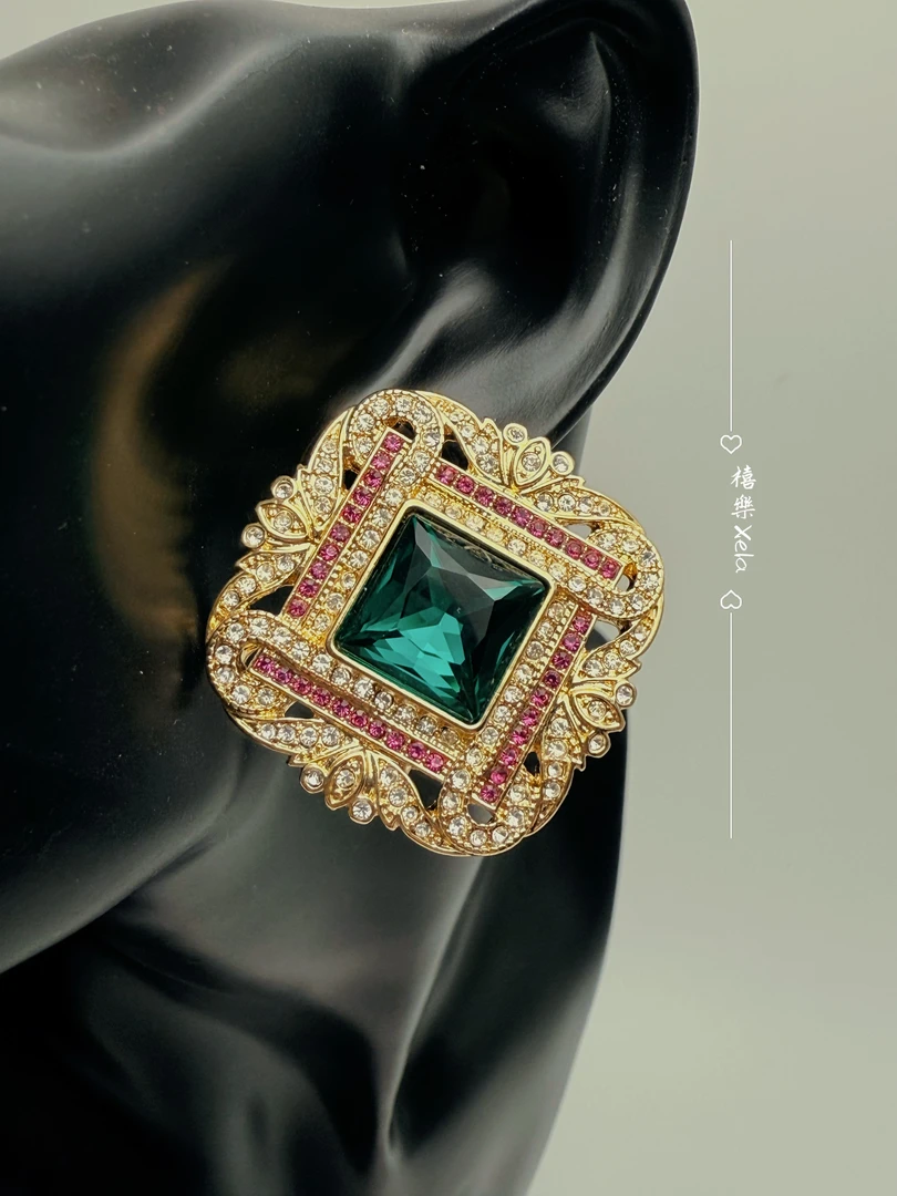 铜合金锆石耳饰 中古耳饰vintage西洋古董镶钻气质合金耳钉