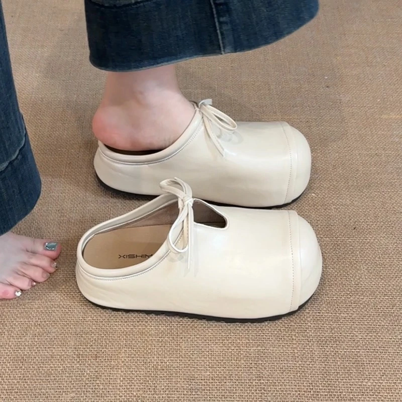 复古简约系带包头半拖鞋女2025夏秋季新款外穿蝴蝶结百搭包头拖潮