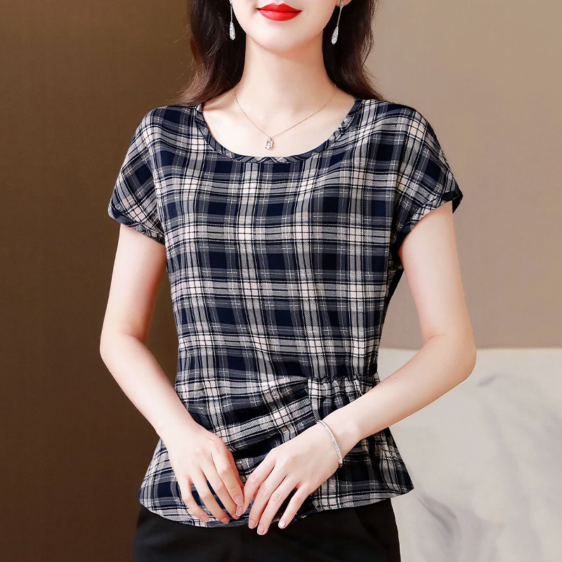 复古格纹短袖T恤女士2025夏装新款收腰显瘦小衫百搭洋气妈妈上衣