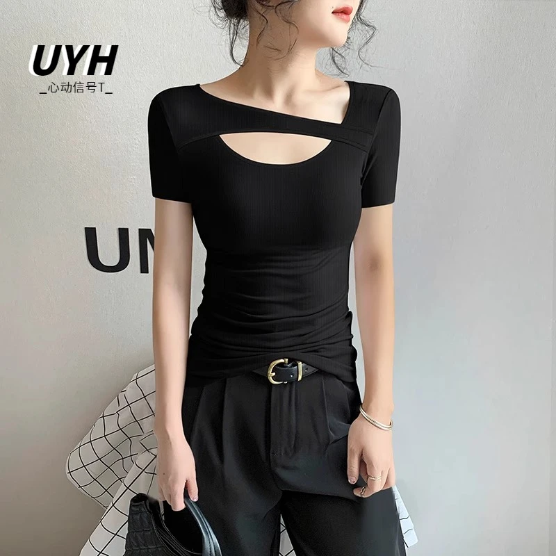 UYH2025新款夏季针织镂空低领短袖T恤女不规则设计修身黑色正肩上