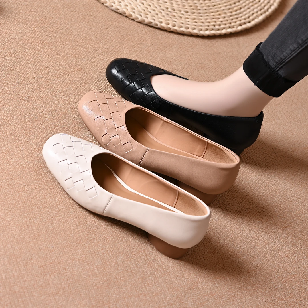法式编织单鞋女舒适秋黑色圆头低跟鞋浅口奶奶鞋百搭春季小皮鞋子