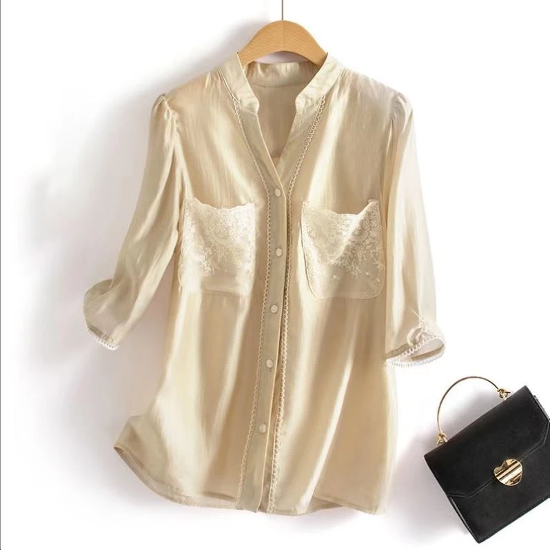 4048欧货高端天丝V领短袖衬衫女2025夏季新款洋气漂亮小衫上衣