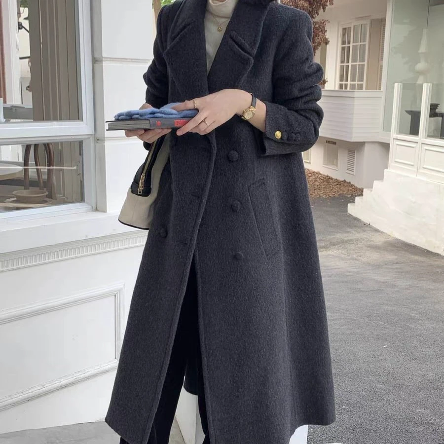 女款中长款气质过膝双面毛呢大衣日常休闲百搭