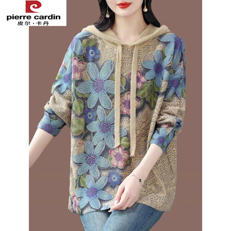 皮尔卡丹今年流行的彷水貂绒连帽针织衫卫衣女洋气大码印花毛衣羊