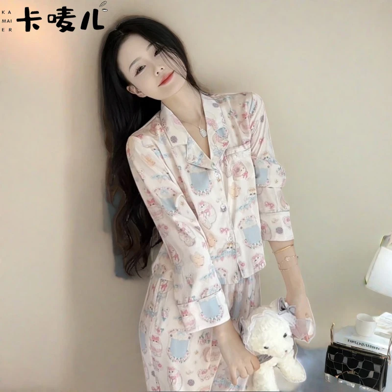 冰丝睡衣女款爆款2025新款小香风夏季薄款蕾丝翻领休闲家居服套装