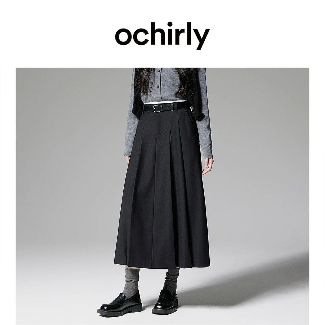 ochirly欧时力 澳洲丝光羊毛半身裙伞裙中长款气质秋季新品
