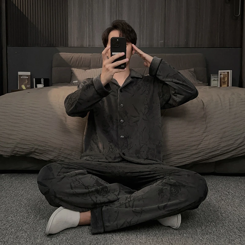 国潮竹叶男士睡衣秋冬款海岛绒保暖加厚加绒冬季家居服可外穿套装