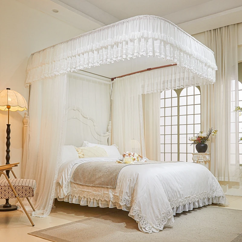 荣华富贵家用卧室防蚊伸缩加厚加粗公主风U型落地导轨蚊帐防摔梦