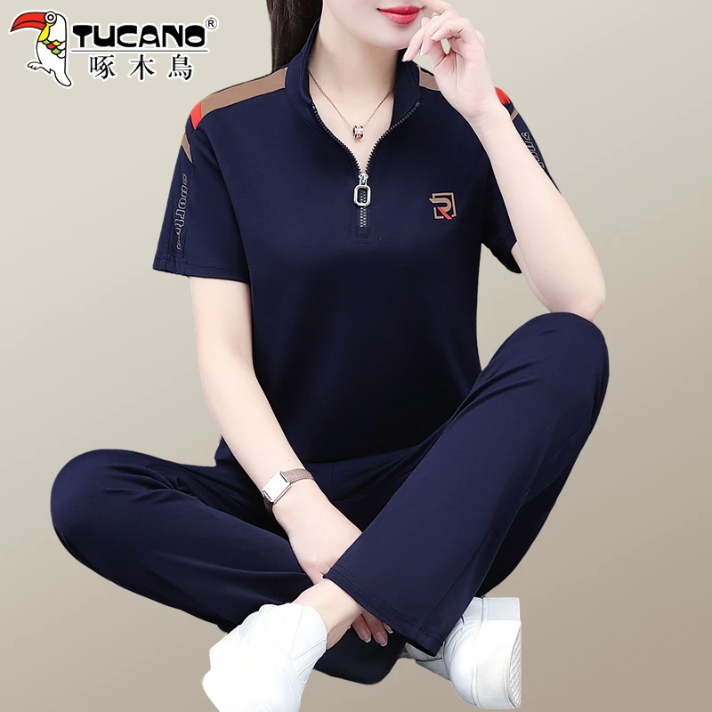 啄木鸟冰丝运动套装女2025新款夏季洋气妈妈装女士短袖翻领两件套