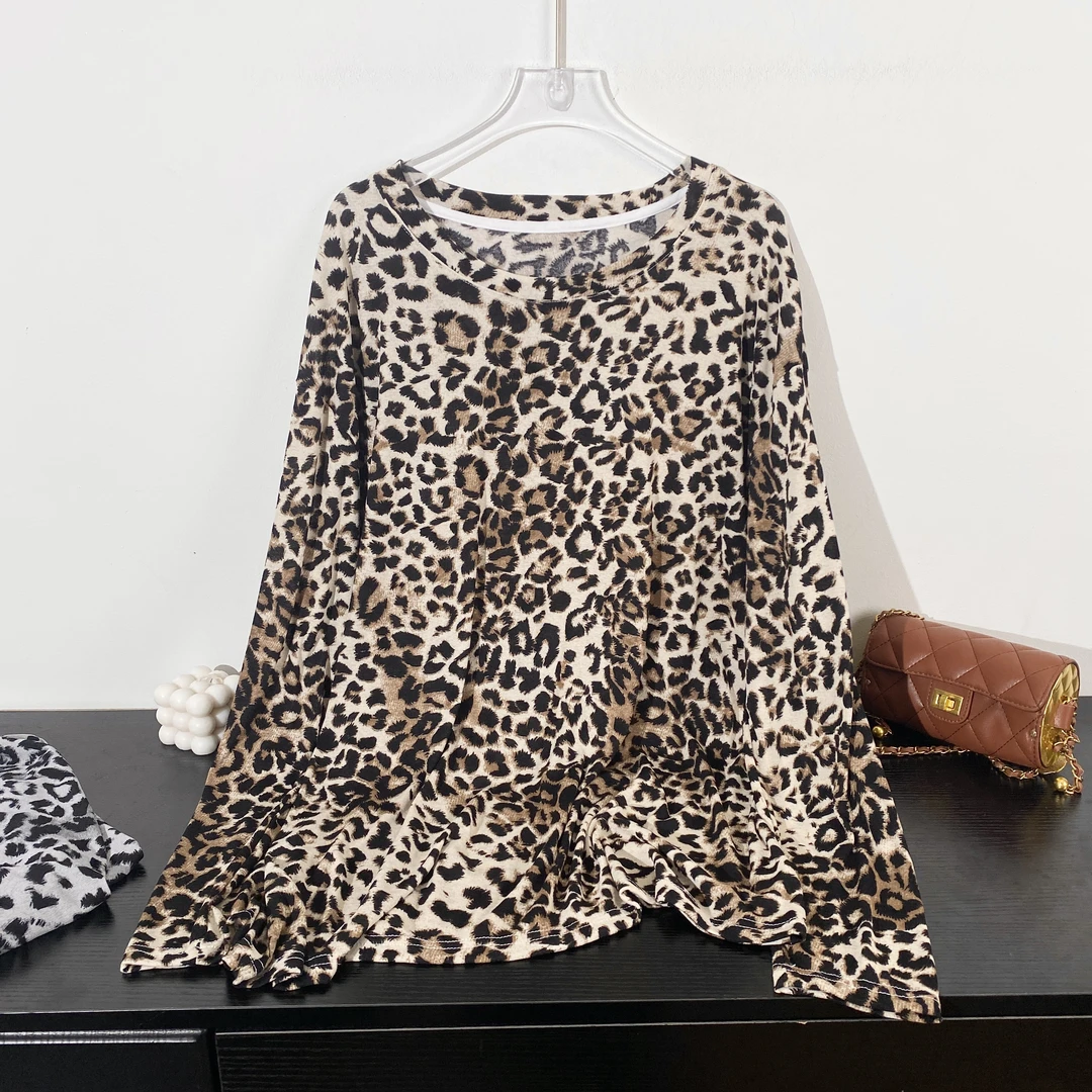 小韩日记【恋爱豹纹】长袖T恤时尚休闲百搭圆领套头气质女士6063-5