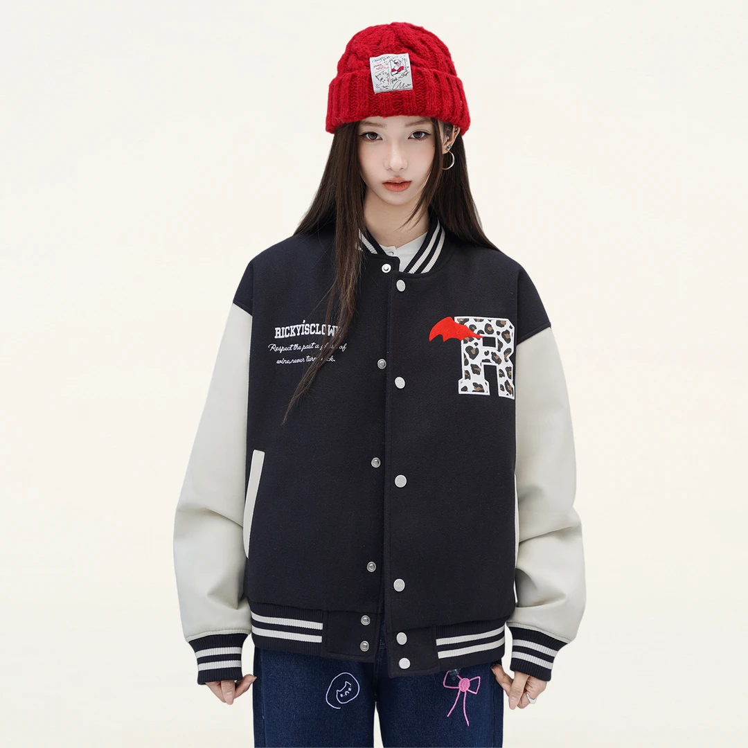 RickyIsClownRIC 豹纹贴布绣棒球服夹克男女同款宽松美式高街外套