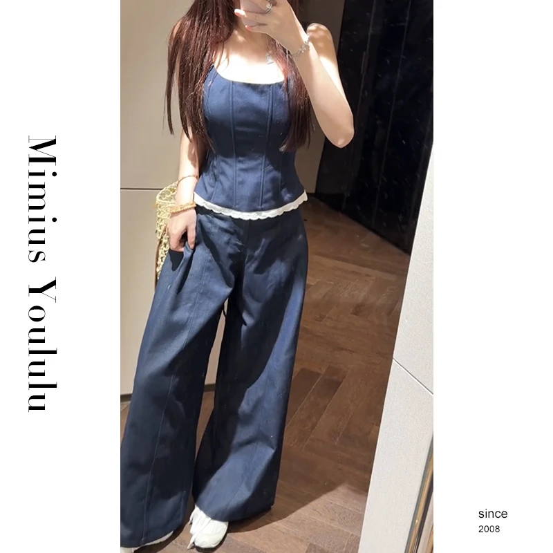 【mimius】七七 美式复古辣妹花边吊带上衣+阔腿牛仔裤 G05510