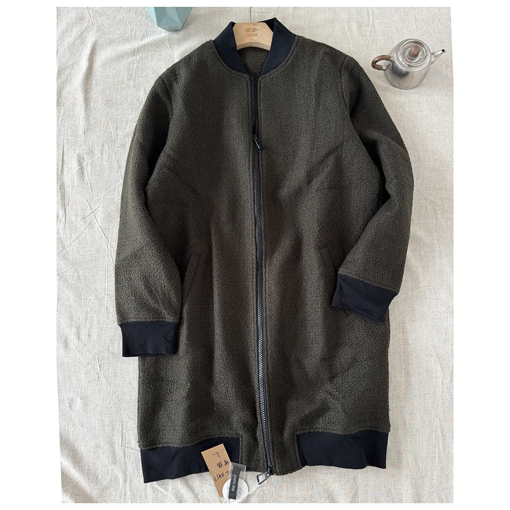 WT181  秋冬新款女士休闲时尚百搭宽松中长款拉链开衫毛呢外套