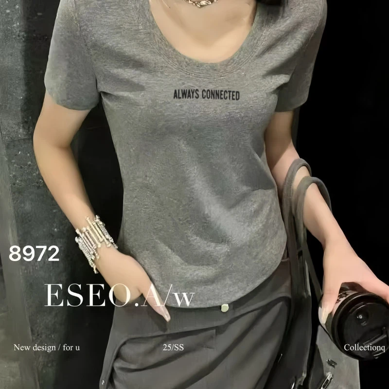 331  鹅蛋领T恤微胖短t灰色纯色短袖印花时尚ins洋气U型