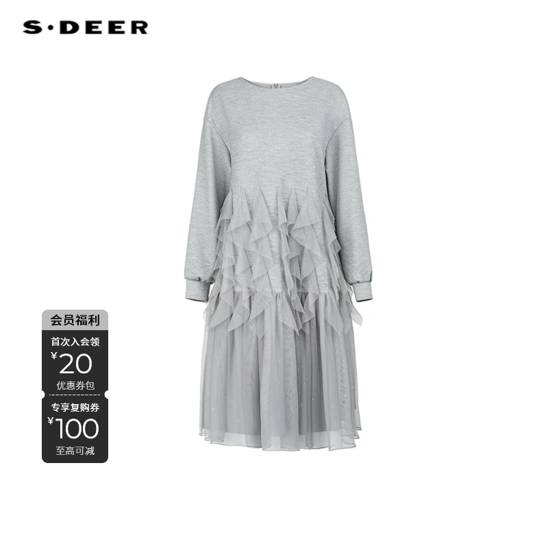 S·DEER圆领气质时尚遮肉设计师长袖显瘦蕾丝拼接连衣裙S244Z1264