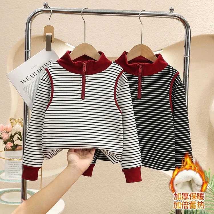 女童秋冬加绒打底衫新款儿童洋气条纹加厚保暖半高领冬季蓄热内搭