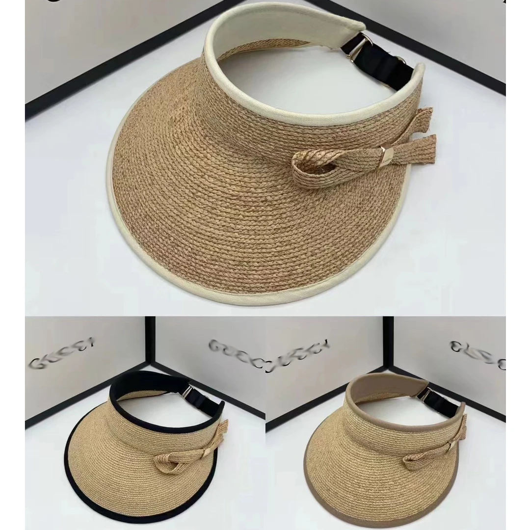 蝴蝶结草帽遮阳帽女士长檐帽夏季拉菲草帽子透气草编空顶帽沙滩草