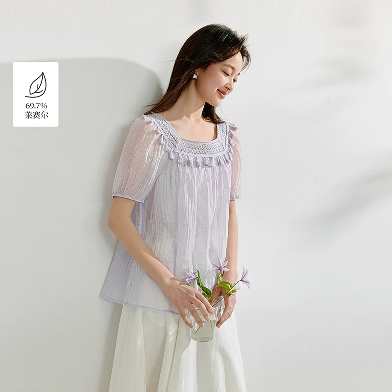 【商场同款新品】茵曼2025夏季凉感莱赛尔方领衬衫时尚气质短袖衬衣